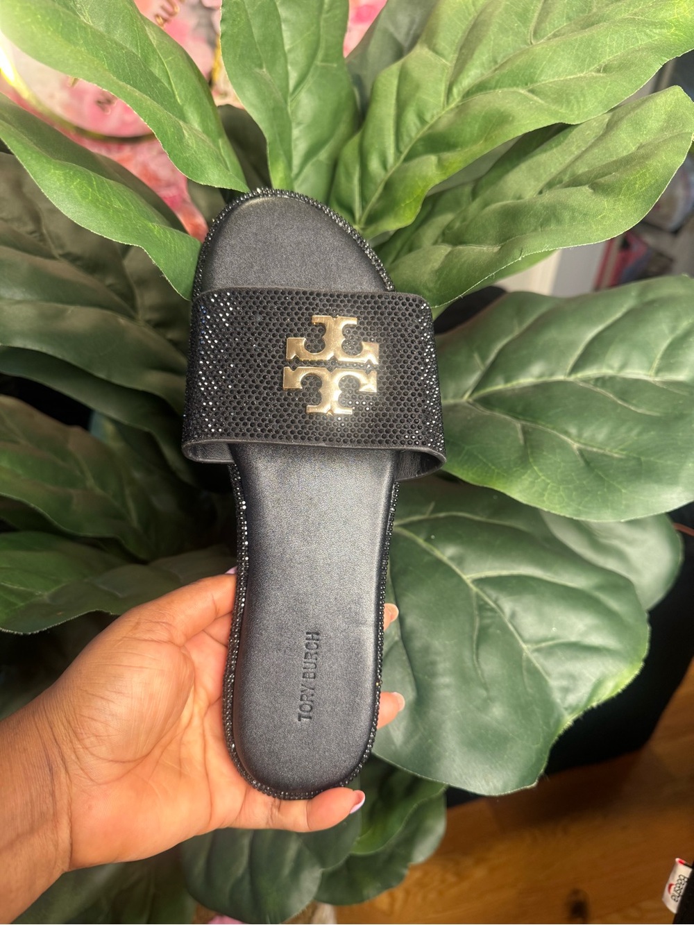 Tory Burch Black Slide Sandal with Gold Logo Accent
